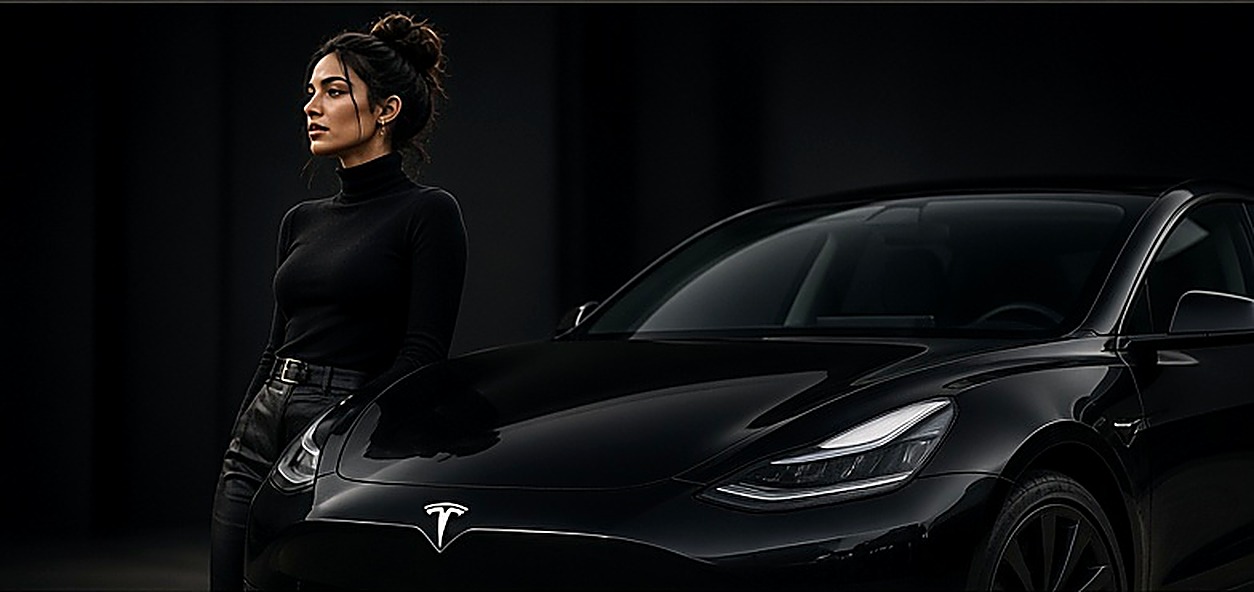 LA Car Tint team member next to a Tesla Model 3